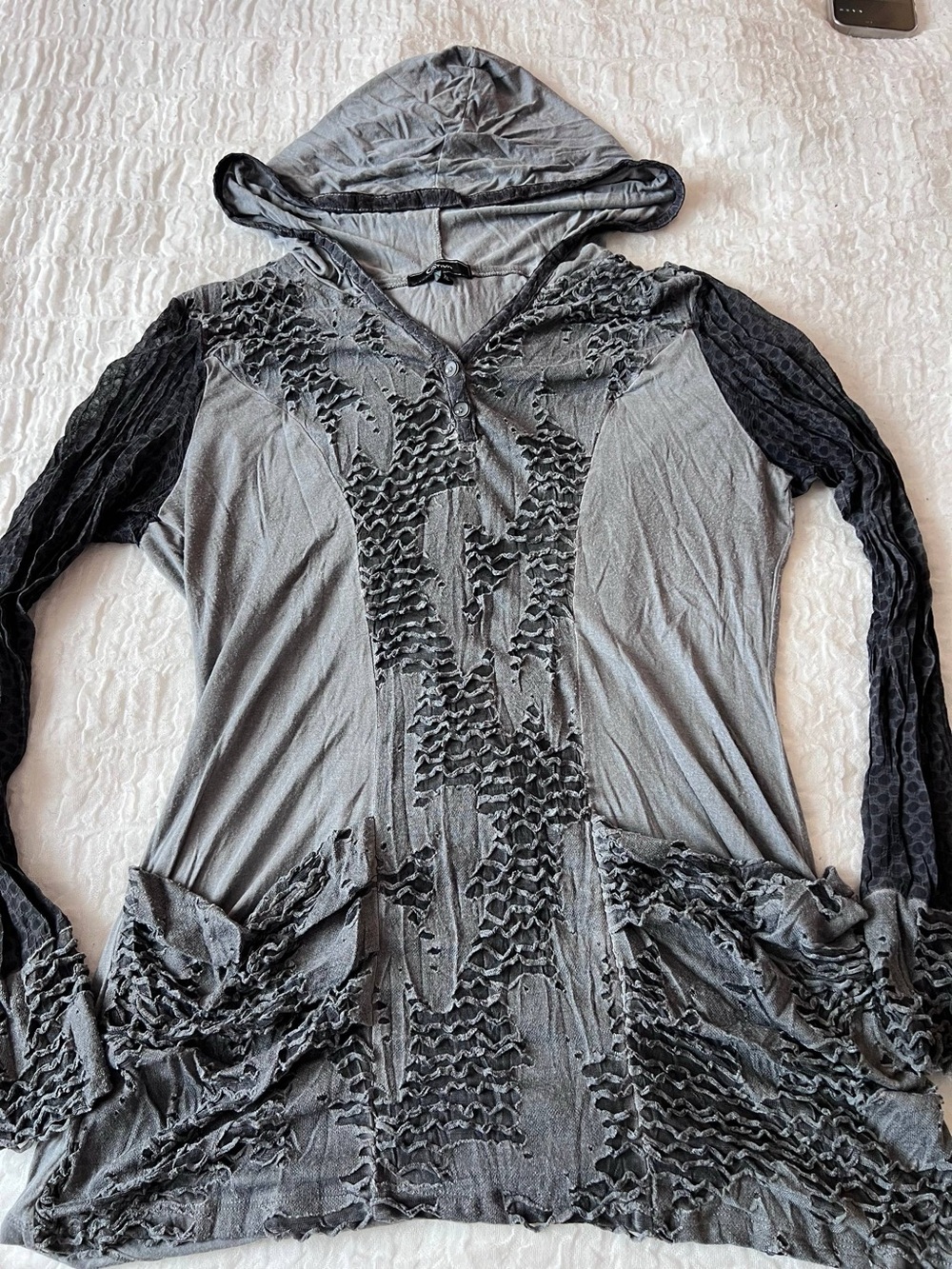 Gray Hooded Long-Sleeve Top with Black Textured Accents